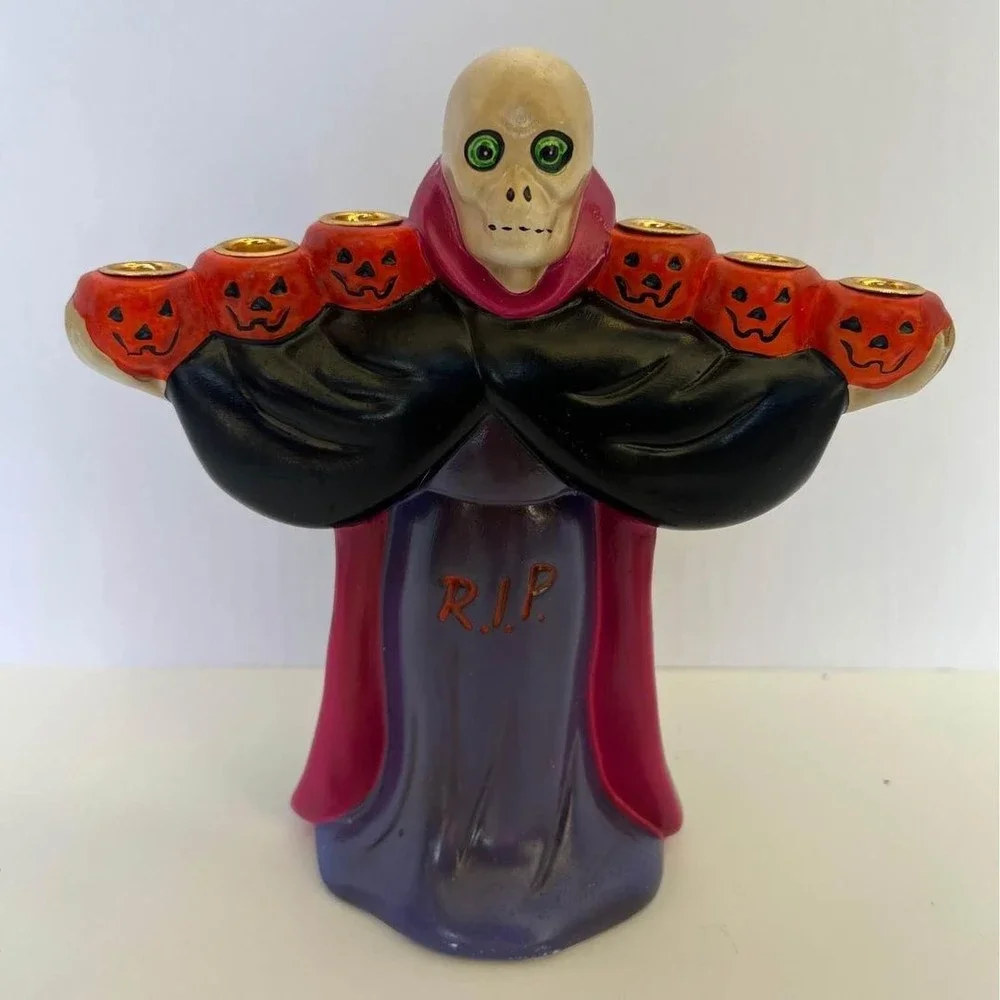 Russ Berrie 7.5” Pumpkin Skeleton Head Candleabra Decoration Vintage 70’s - Picture 2 of 8